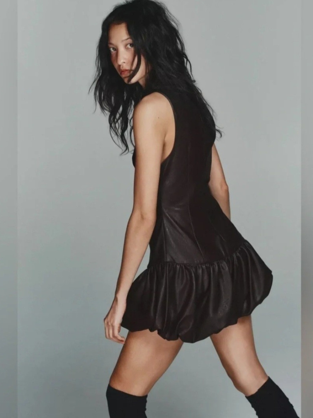 Zara Black Sleeveless Leather-Look Ruffle Hem Mini Dress